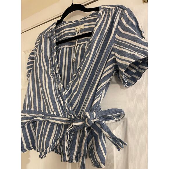 Max Studio short sleeve blue and white striped wrap top size medium NWT - Picture 2 of 8